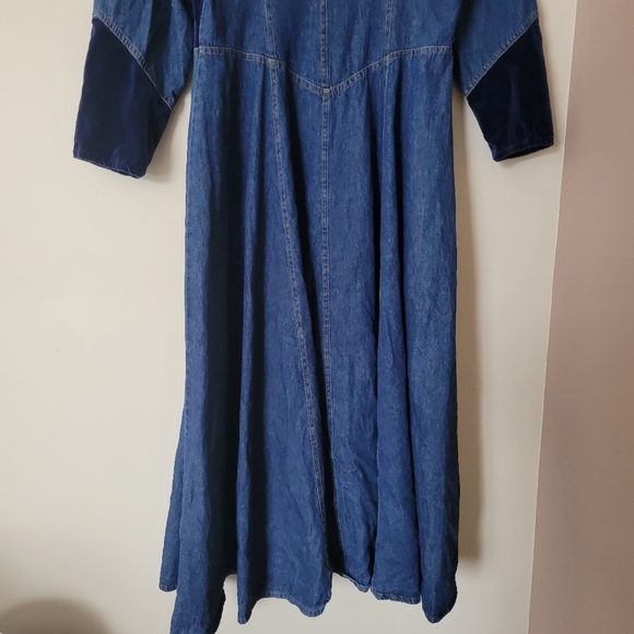 Vintage 90s Western Long Sleeve Denim Velvet Patchwork Maxi Dress Duster Size M - Picture 6 of 11